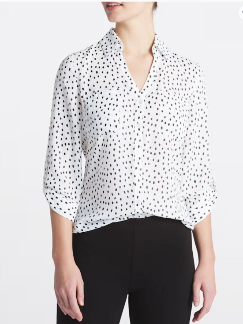Fortune + Ivy White Polka Dot Blouse Roll Tab Sleeve Preppy Classic Medium